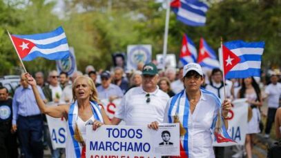 Cubans protest against Obama’s visit to Cuba in Miami, Florida, USA.